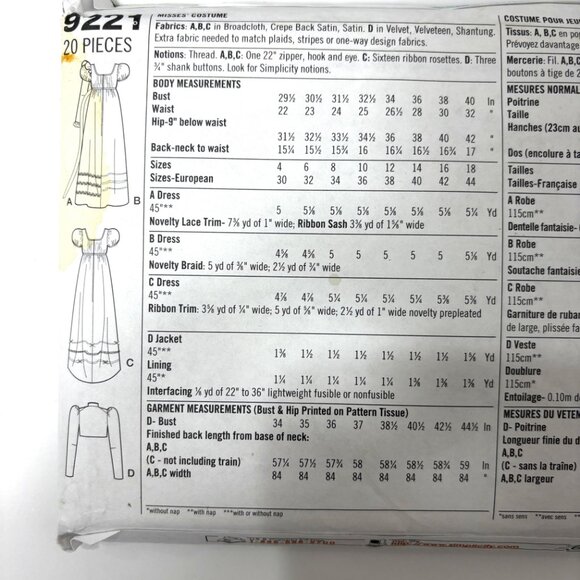 Simplicity #9221 Regency Titantic Empire Waist Dress Pattern Sz 4-- 18 - Picture 10 of 10